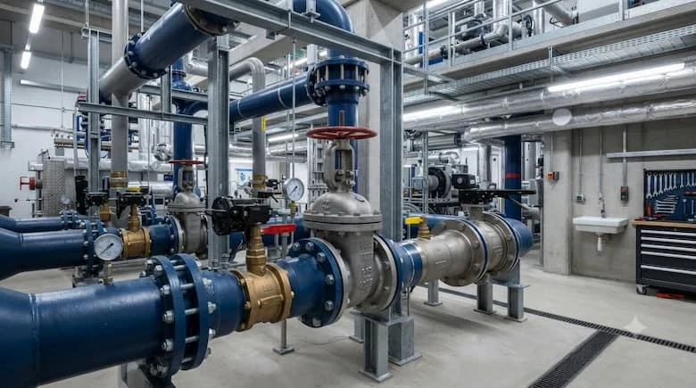 một cảnh công nghiệp thực tế tỷ lệ 16:9 thể hiện các van khóa được lắp đặt trên hệ thống đường ống dẫn nước, các đường ống, phụ kiện và van được hiển thị rõ ràng, môi trường kỹ thuật chuyên nghiệp