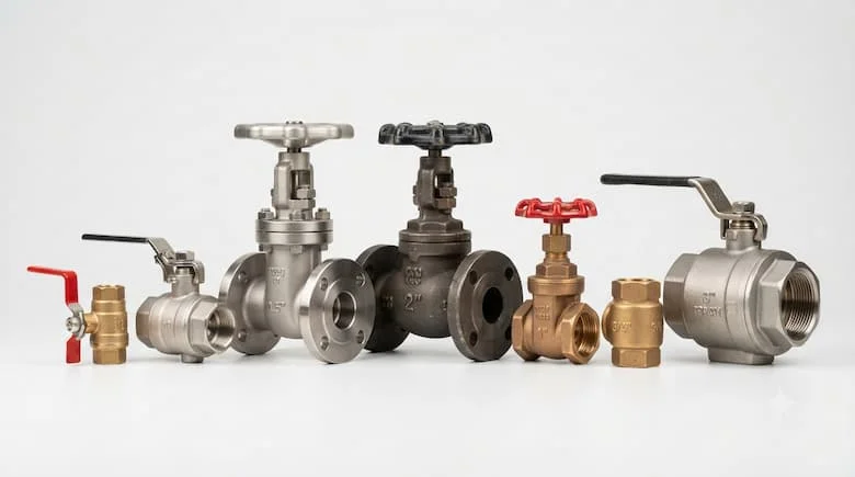 ảnh sản phẩm chuyên nghiệp tỷ lệ 16:9 cho van khóa công nghiệp với nhiều kích cỡ và chất liệu khác nhau, nền trắng sạch, kết cấu kim loại chân thực, ánh sáng studio