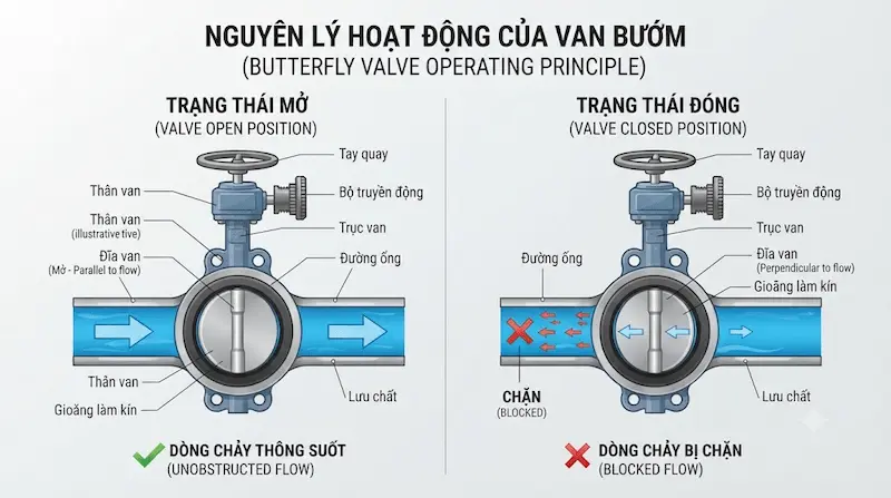 Nguyên lý hoạt động và cấu tạo bên trong của van bướm trong công nghiệp
