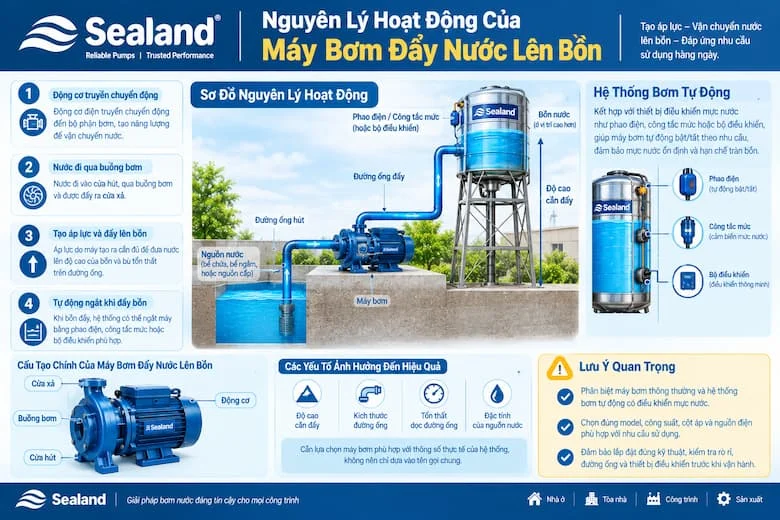 Sơ đồ đồng thời thể hiện các yếu tố ảnh hưởng đến khả năng bơm như chiều cao nâng nước, chiều dài đường ống và tổn thất áp lực trong hệ thống. Ngoài ra, hình ảnh còn giới thiệu cơ chế sử dụng phao điện, công tắc mức hoặc bộ điều khiển để tự động