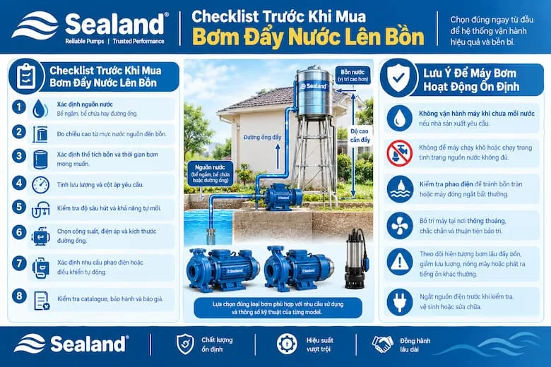 Hình ảnh tổng hợp các tiêu chí quan trọng trước khi mua máy bơm đẩy nước lên bồn, bao gồm xác định nguồn nước, đo chiều cao bơm, tính lưu lượng và cột áp, kiểm tra khả năng hút nước, lựa chọn công suất, điện áp và kích thước đường ống