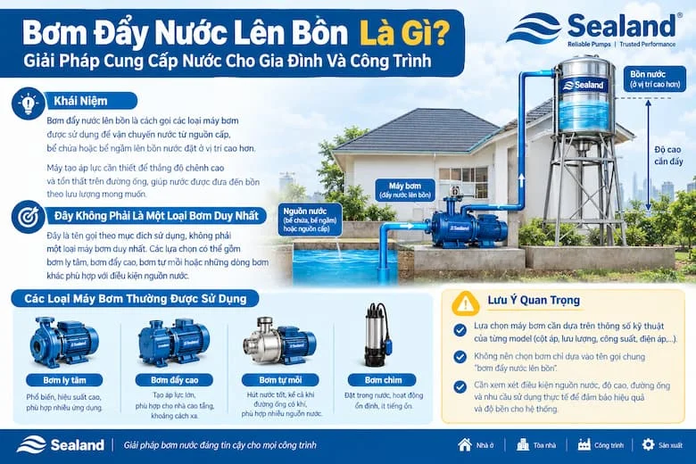 Hình ảnh minh họa hệ thống bơm đẩy nước lên bồn với máy bơm, đường ống hút, đường ống đẩy, nguồn nước và bồn chứa đặt trên cao