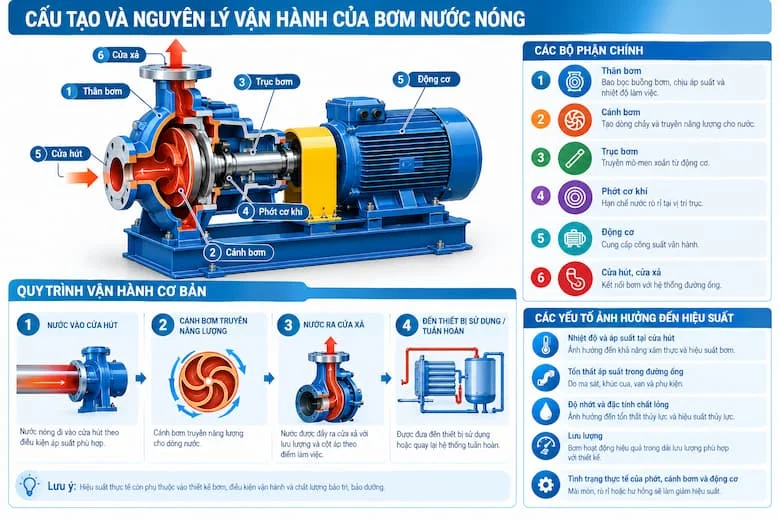 Hình ảnh mô phỏng cấu tạo bơm nước nóng công nghiệp dạng ly tâm, thể hiện các bộ phận chính gồm thân bơm, cánh bơm, trục bơm, phớt cơ khí, động cơ, cửa hút và cửa xả.