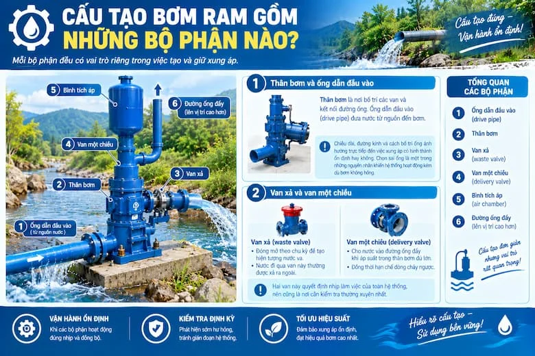Hình ảnh trình bày các hạng mục cần kiểm tra trong quá trình lắp đặt hệ thống bơm ram, bao gồm tình trạng thân bơm, độ kín của các mối nối, cách bố trí van xả, van một chiều và bình tích áp