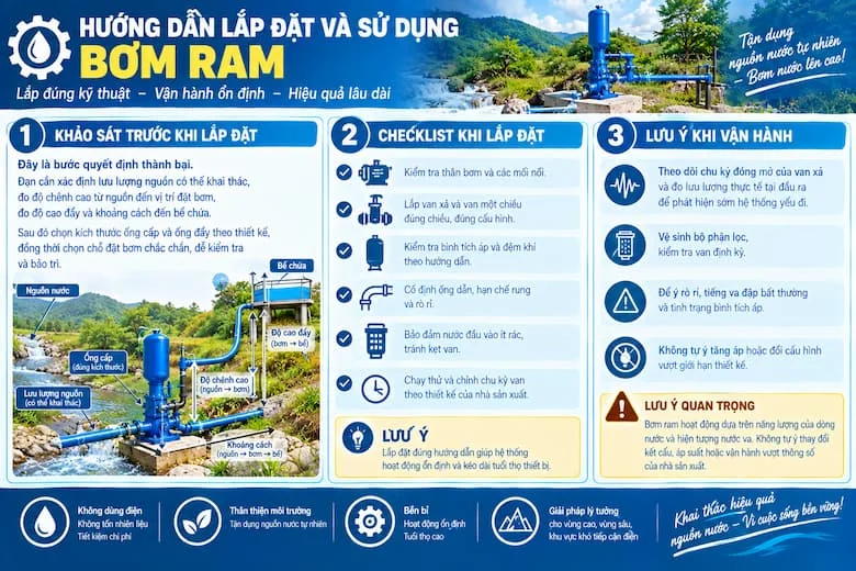 Hình ảnh mô tả những lưu ý quan trọng khi sử dụng và bảo dưỡng bơm ram thủy lực, từ theo dõi chu kỳ đóng mở của van xả, đo lưu lượng nước thực tế tại đầu ra đến kiểm tra tình trạng rò rỉ, tiếng va đập bất thường và hoạt động của bình tích áp