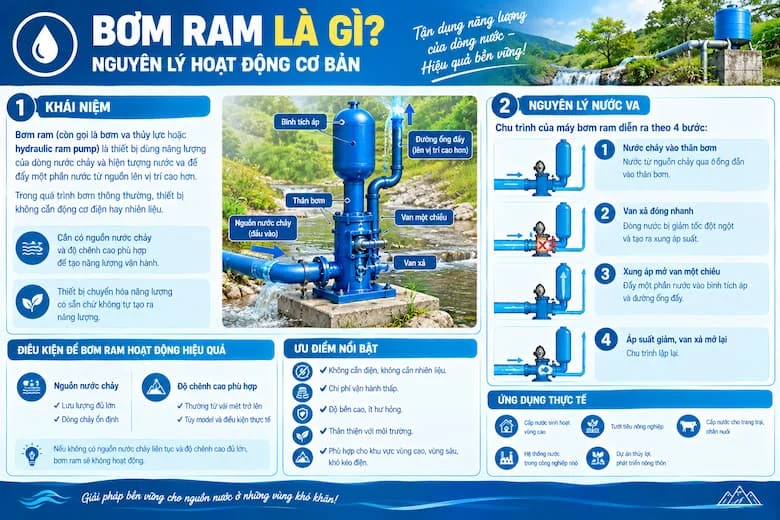 Hình ảnh minh họa quá trình khảo sát vị trí lắp đặt bơm ram tại khu vực có nguồn nước chảy tự nhiên, giúp xác định lưu lượng nước đầu vào, độ chênh cao từ nguồn đến vị trí đặt bơm, chiều cao đẩy và khoảng cách đến bể chứa