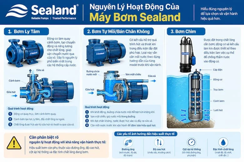 Hình ảnh mô phỏng nguyên lý vận hành của ba dòng máy bơm Sealand phổ biến, bao gồm bơm ly tâm sử dụng lực ly tâm để vận chuyển nước, bơm tự mồi hỗ trợ quá trình hút nước và thoát khí, cùng bơm chìm hoạt động khi được đặt trong chất lỏng
