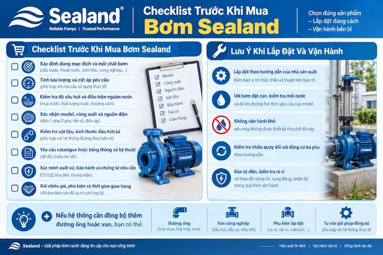 Hình 3: Checklist Chọn Mua Bơm Sealand Và Những Lưu Ý Quan Trọng Khi Lắp Đặt, Vận Hành Hình ảnh tổng hợp các tiêu chí cần kiểm tra trước khi mua bơm Sealand, từ mục đích sử dụng, lưu lượng, cột áp, công suất, nguồn điện đến vật liệu, kích thước kết nối và giấy tờ xuất xứ