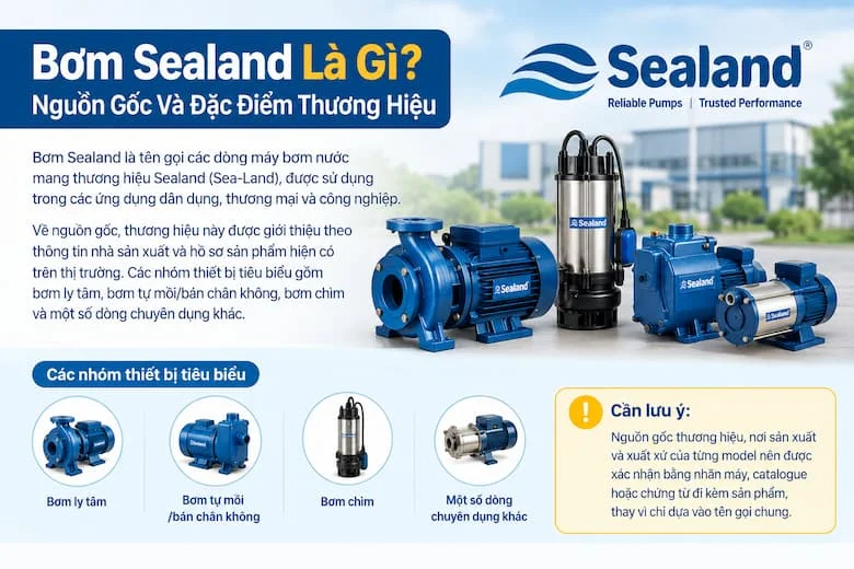 Hình ảnh giới thiệu thương hiệu bơm Sealand (Sea-Land) cùng các dòng máy bơm tiêu biểu như bơm ly tâm, bơm tự mồi, bơm bán chân không và bơm chìm.