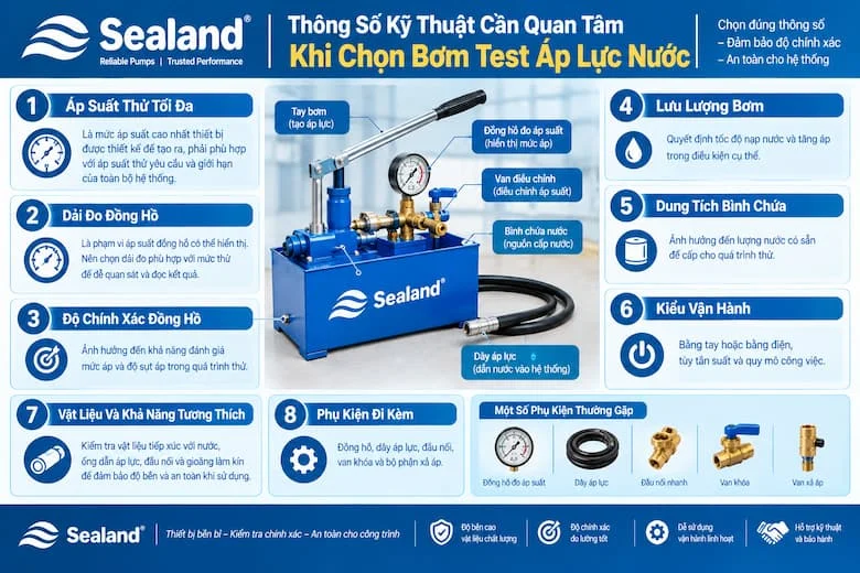 Hình ảnh minh họa các thông số quan trọng cần xem xét khi lựa chọn bơm test áp lực nước, bao gồm áp suất thử tối đa, dải đo và độ chính xác của đồng hồ, lưu lượng bơm, dung tích bình chứa, kiểu vận hành và vật liệu chế tạo