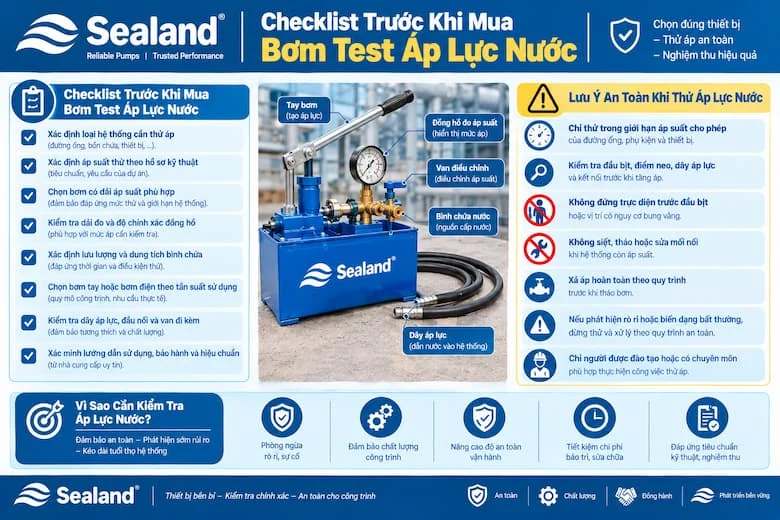 Hình ảnh tổng hợp danh sách kiểm tra trước khi mua bơm test áp lực nước, từ xác định loại hệ thống, áp suất thử, dải đo đồng hồ đến lựa chọn bơm tay hoặc bơm điện, kiểm tra dây dẫn, đầu nối và chứng từ hiệu chuẩn.