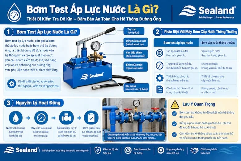 Hình ảnh giới thiệu máy bơm test áp lực nước với các bộ phận chính như tay bơm, đồng hồ đo áp suất, van điều chỉnh, bình chứa nước và dây dẫn áp lực