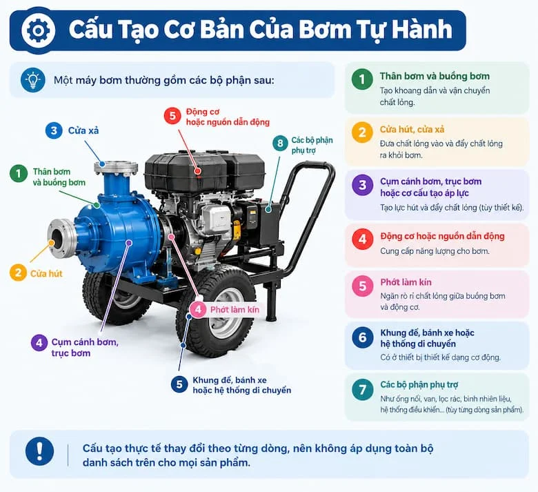 Cấu tạo cơ bản: Các bộ phận chính và chức năng của bơm tự hành.