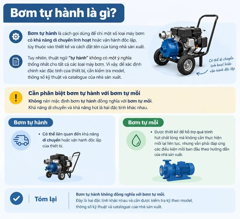 ổng quan về bơm tự hành: Khái niệm, đặc điểm và cách phân biệt với bơm tự mồi