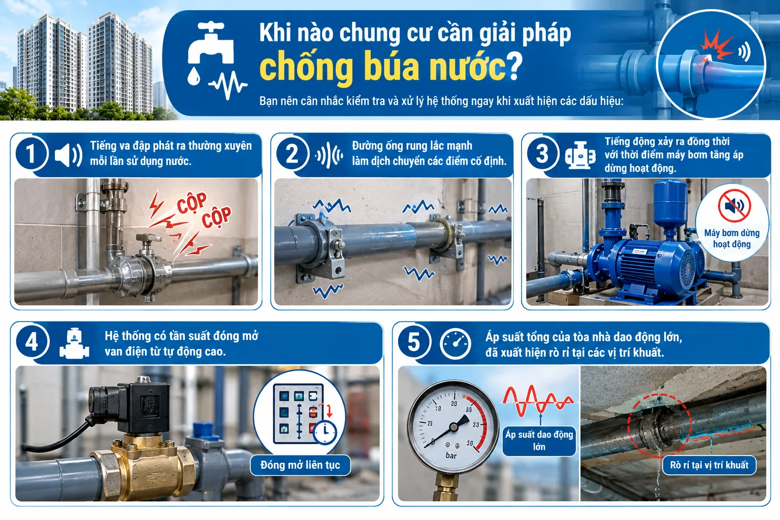 Các giải pháp cần để chống búa nước ở hệ thống chung cư