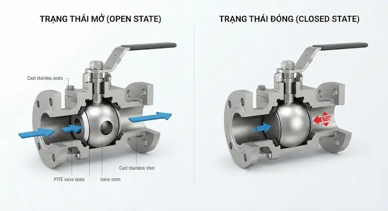 Cấu tạo bên trong và nguyên lý hoạt động của van bi trong công nghiệp