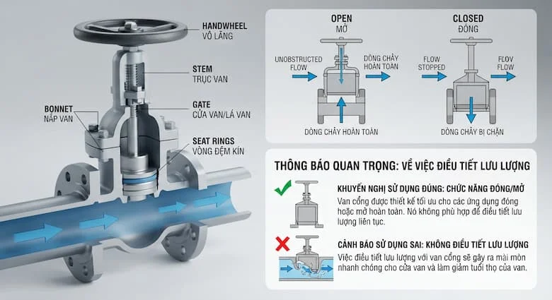 Biểu đồ tổng quan về lắp đặt van cổng và các cảnh báo quan trọng về không gian vận hành.