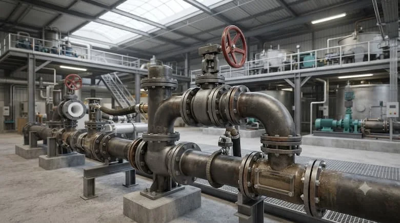 một cảnh công nghiệp chân thực thể hiện các van gốm được lắp đặt trên các đường ống chịu tải nặng trong một nhà máy chế biến hiện đại. Thể hiện một số van lót gốm được kết nối với các đường ống công nghiệp lớn, xử lý bùn mài mòn hoặc vật liệu chế biến khoáng sản