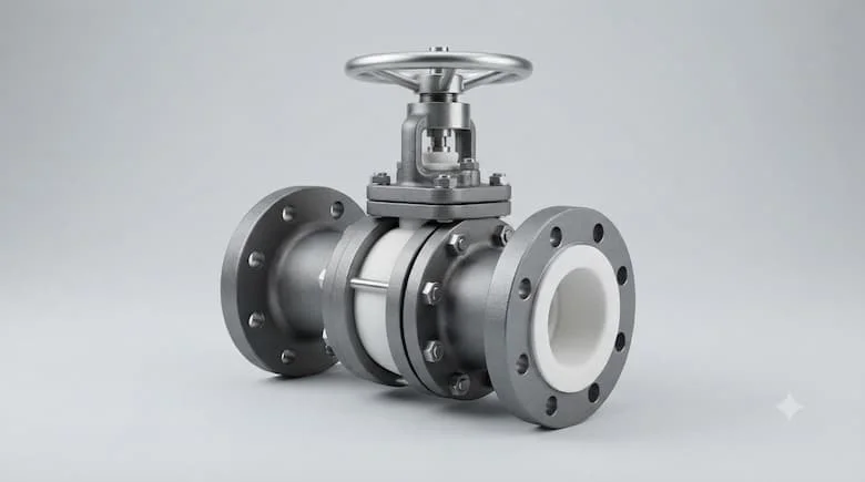 ảnh sản phẩm công nghiệp chuyên nghiệp, chân thực về một van gốm, được thiết kế cho catalog van công nghiệp. Thể hiện một van lót gốm chất lượng cao với thân kim loại chắc chắn và các bộ phận gốm có thể nhìn thấy