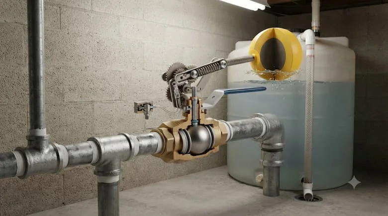 Van tự động ngắt nước được lắp đặt trên hệ thống bể chứa nước gia đình, cảm biến phao phát hiện mực nước đầy và van đóng lại để cấp nước, mô phỏng lắp đặt đường ống nước chân thực, độ chi tiết cao