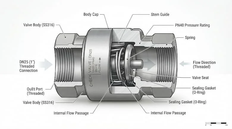 Sơ đồ cắt ngang kỹ thuật của van một chiều DN25, thể hiện thân van, đĩa van, lò xo, đế van, gioăng làm kín và đường dẫn dòng chảy bên trong, cấu trúc cơ khí chi tiết