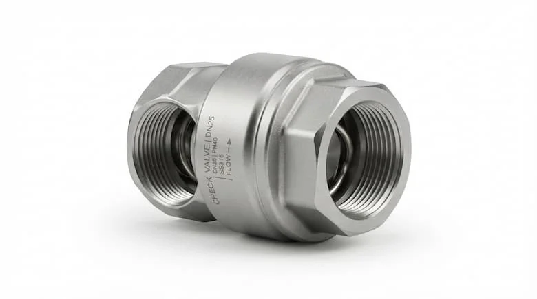 Van một chiều DN25 công nghiệp chân thực như ảnh chụp, thân van kim loại nhỏ gọn với các kết nối ren, hình ảnh sản phẩm chuyên nghiệp, được tách biệt trên nền trắng sạch