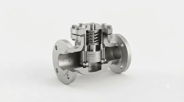 Hình ảnh kỹ thuật cắt ngang của van một chiều kiểu piston, thể hiện rõ thân van, piston, đế van, lò xo, nắp van, các bộ phận làm kín và đường dẫn dòng chảy bên trong, cấu trúc kỹ thuật công nghiệp chính xác, vật liệu kim loại chân thực
