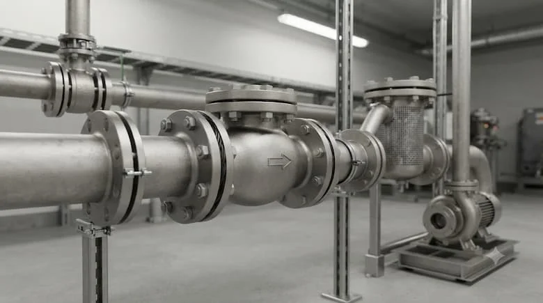 Mô phỏng thực tế lắp đặt van một chiều kiểu piston trong đường ống nằm ngang, các mặt bích, đường ống và thiết bị công nghiệp được kết nối, hướng van hiển thị rõ ràng, hệ thống đường ống chuyên nghiệp sạch sẽ, kết cấu kim loại chân thực