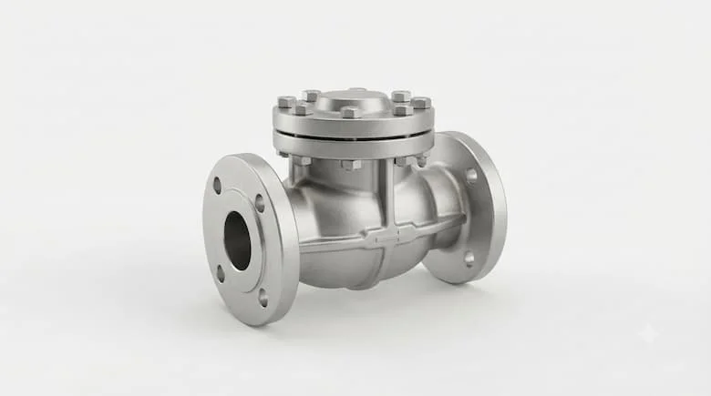 Ảnh sản phẩm chuyên nghiệp của van một chiều kiểu piston, van một chiều piston công nghiệp với thân kim loại nhỏ gọn, nắp và các kết nối mặt bích, góc nhìn ba phần tư, bề mặt kim loại chân thực, nền trắng sạch