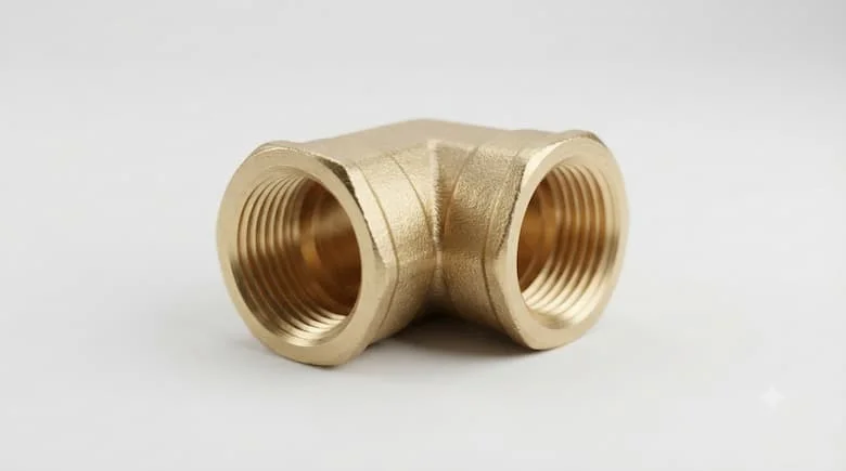ảnh sản phẩm chân thực cho cút nối ống 90 độ ren trong, có ren trong ở cả hai đầu, bề mặt kim loại, nền trắng, ánh sáng studio