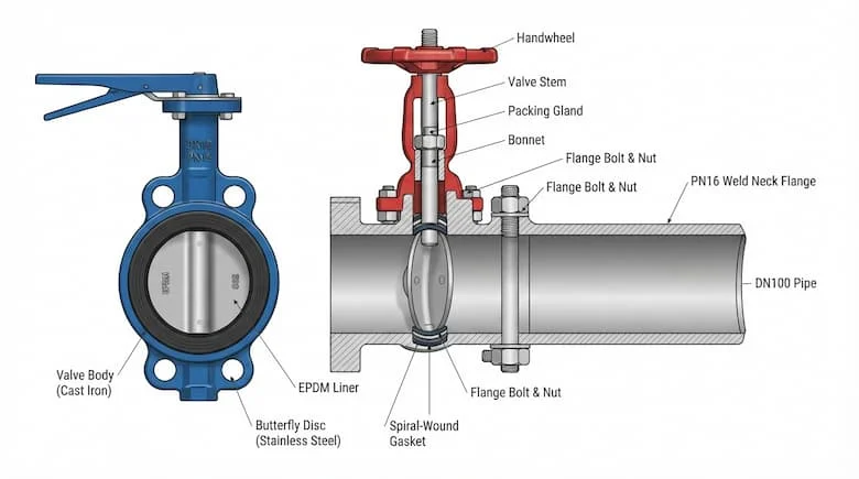 bản vẽ kỹ thuật chi tiết với mặt cắt ngang của van công nghiệp mặt bích DN100 PN16 và kết nối đường ống. Thể hiện rõ các bộ phận chính, bao gồm thân van, đĩa hoặc cơ cấu cửa van, trục van, các bộ phận làm kín, kết nối mặt bích, bu lông, đai ốc, gioăng và đường ống DN100