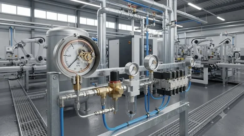 một cảnh ứng dụng công nghiệp thực tế thể hiện các đồng hồ đo áp suất khí nén được lắp đặt trong hệ thống khí nén bên trong một nhà máy hiện đại. Thể hiện một số đồng hồ đo áp suất khí nén được kết nối với bộ điều chỉnh áp suất, bộ lọc FRL