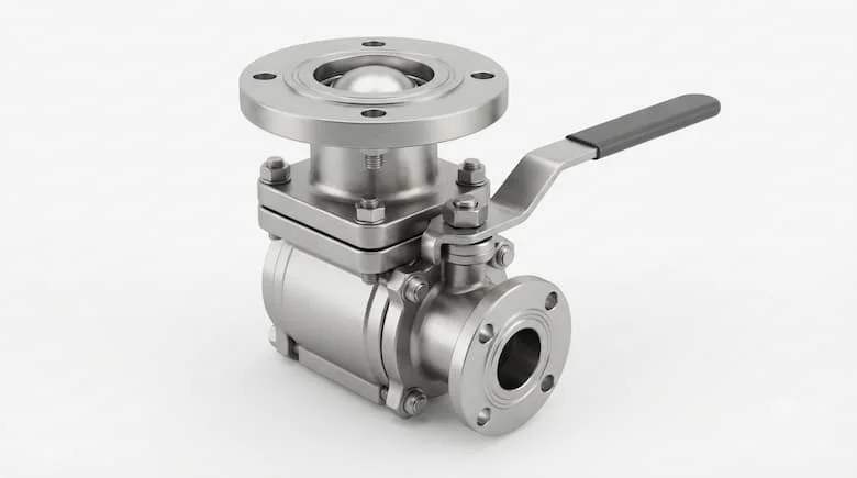 Ảnh sản phẩm chuyên nghiệp của van bi đáy phẳng, van công nghiệp bằng thép không gỉ với thiết kế đầu ra đáy, bề mặt kim loại chất lượng cao, hình ảnh sản phẩm kỹ thuật chân thực, được tách biệt trên nền trắng sạch