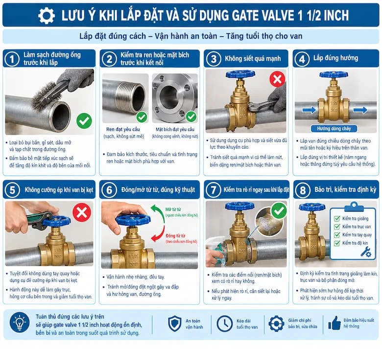 Hướng Dẫn Lắp Đặt Đúng Kỹ Thuật Và Vận Hành An Toàn Gate Valve 1 1/2 Inch Trong Hệ Thống Đường Ống