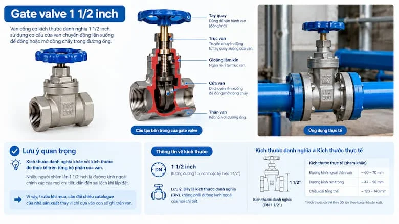 Van Cổng Gate Valve 1 1/2 Inch Thiết Kế Bền Bỉ, Đóng Mở Hiệu Quả Cho Nhiều Môi Trường Lưu Chất