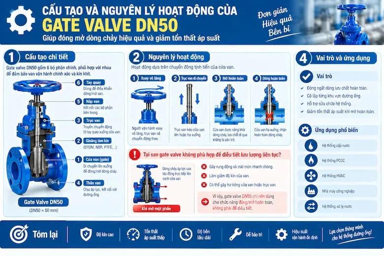 Cấu Tạo Và Nguyên Lý Hoạt Động Của Gate Valve DN50 Giúp Đóng Mở Hoàn Toàn Và Giảm Tổn Thất Áp Suất