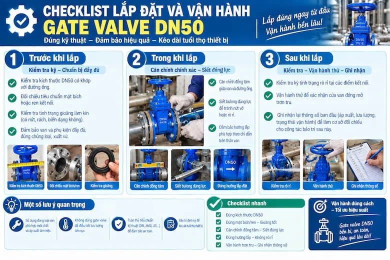 Lắp Đặt Và Vận Hành Gate Valve DN50 Đúng Kỹ Thuật Để Đảm Bảo Độ Kín Và Tuổi Thọ Thiết Bị