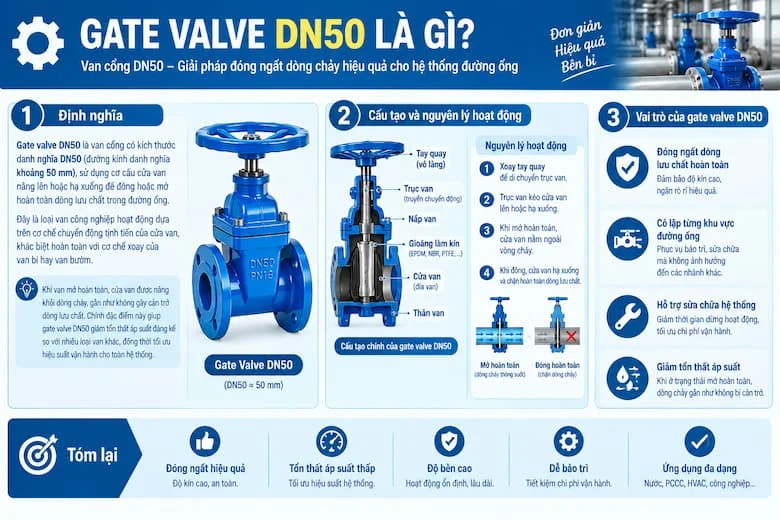 Gate Valve DN50 Chính Hãng Chuyên Dùng Đóng Ngắt Dòng Chảy Trong Hệ Thống Đường Ống Công Nghiệp