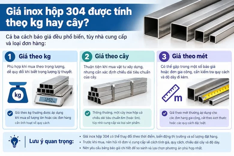Giá inox hộp 304 được tính theo kg hay cây và những yếu tố cần xác nhận trong báo giá