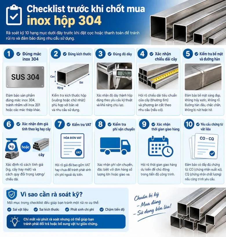 Checklist các hạng mục cần rà soát trước khi chốt mua inox hộp 304 để hạn chế rủi ro phát sinh