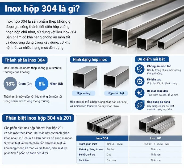 Phân biệt inox hộp 304 với các loại inox hộp khác dựa trên thành phần và đặc tính sử dụng