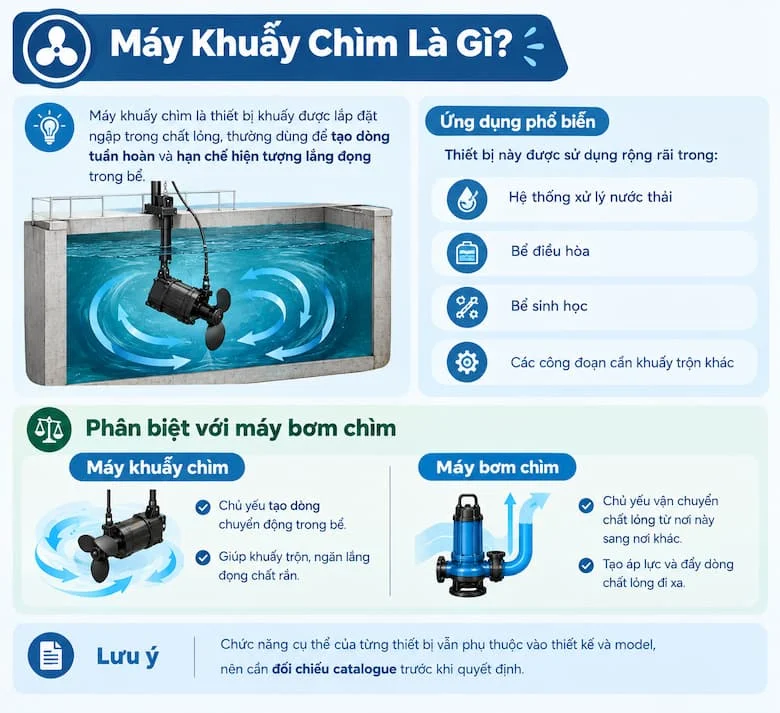 Tổng quan về máy khuấy chìm: Khái niệm, ứng dụng và cách phân biệt với máy bơm chìm.