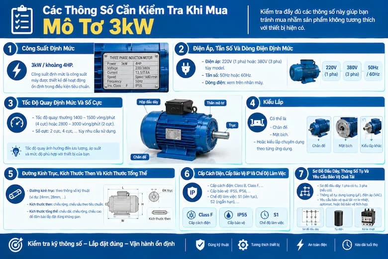Hình ảnh tổng hợp những thông số kỹ thuật quan trọng cần kiểm tra trước khi mua mô tơ điện 1 pha 3kW, bao gồm công suất định mức, điện áp, tần số, dòng điện, tốc độ quay, số cực và kiểu lắp đặt