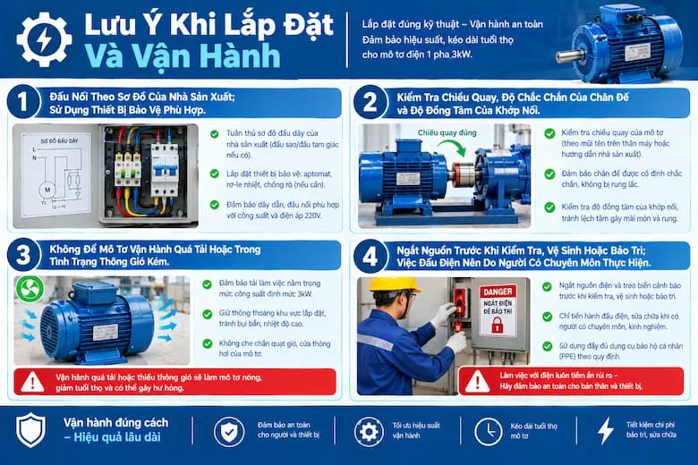 Hình ảnh hướng dẫn những nguyên tắc quan trọng khi lắp đặt và vận hành mô tơ điện 1 pha 3kW, từ đấu nối theo sơ đồ của nhà sản xuất đến sử dụng thiết bị bảo vệ điện phù hợp