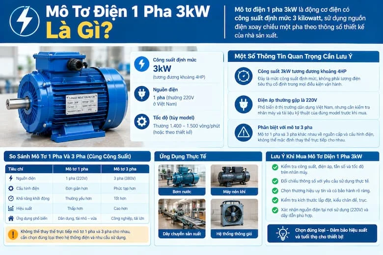 Hình ảnh giới thiệu mô tơ điện 1 pha 3kW với thiết kế động cơ công nghiệp, công suất định mức 3kW tương đương khoảng 4HP và khả năng sử dụng nguồn điện xoay chiều một pha theo thông số của nhà sản xuấ