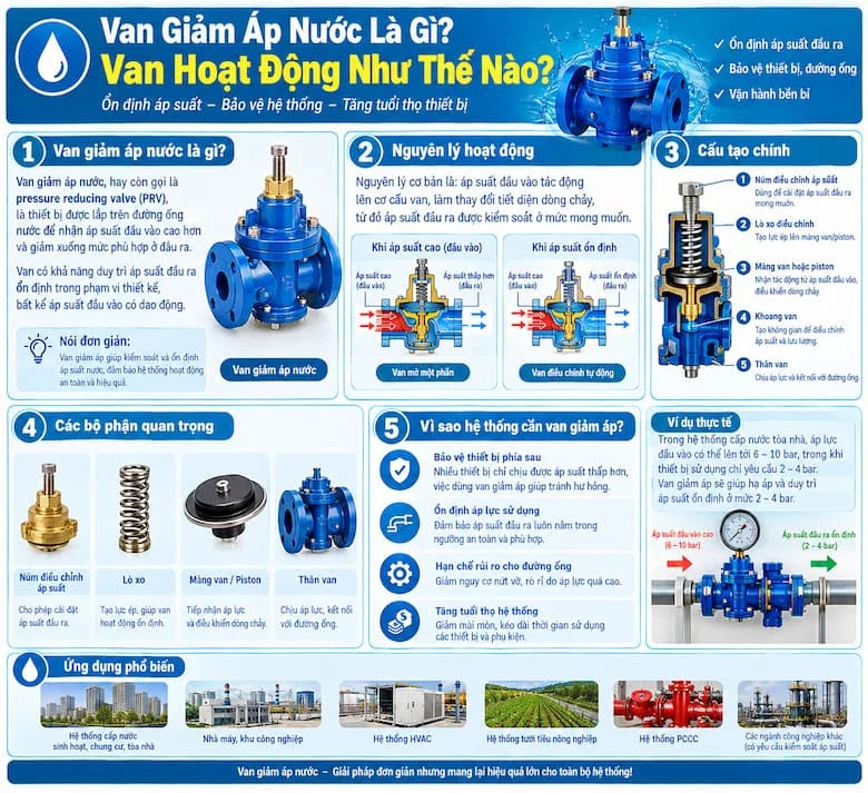 ình ảnh minh họa van giảm áp nước và nguyên lý hoạt động, giúp người đọc hiểu rõ khái niệm, cấu tạo các bộ phận như màng van, piston, lò xo, khoang van và cơ chế kiểm soát áp suất đầu ra.