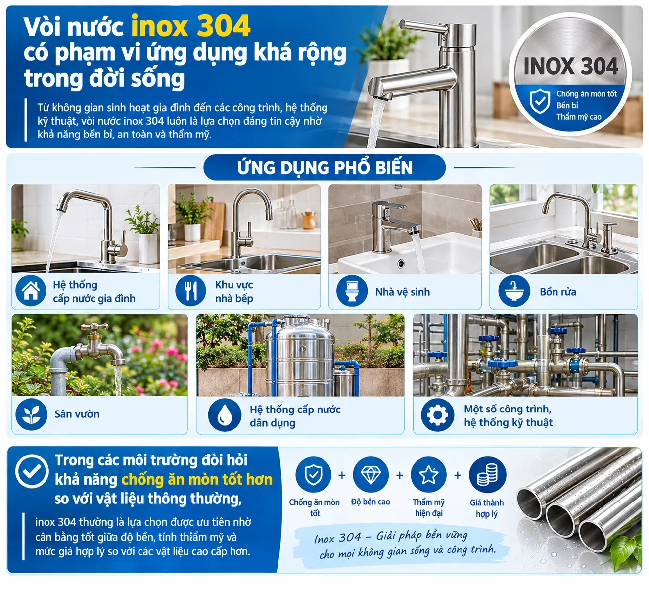Ứng dụng thực tế của các loại vòi nước inox 304 trong công nghiệp