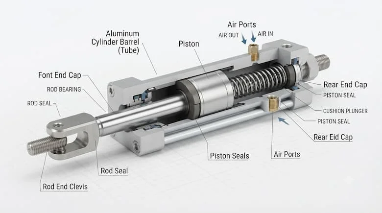 Sơ đồ kỹ thuật cắt ngang của một xi lanh khí nén tác động kép, thể hiện pít tông, cần pít tông, gioăng, ống xi lanh và các lỗ thoát khí,