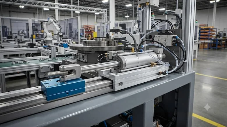Xi lanh khí nén tác động kép được lắp đặt trong máy tự động hóa công nghiệp, di chuyển và đẩy một chi tiết cơ khí, môi trường nhà máy thực tế, nhiếp ảnh công nghiệp chuyên nghiệp