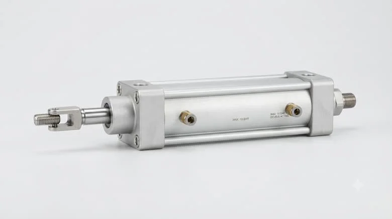 Ảnh sản phẩm chuyên nghiệp của một xi lanh khí nén tác động kép, thân bằng nhôm, cần piston bằng thép không gỉ, thiết bị khí nén công nghiệp, nền trắng sạch